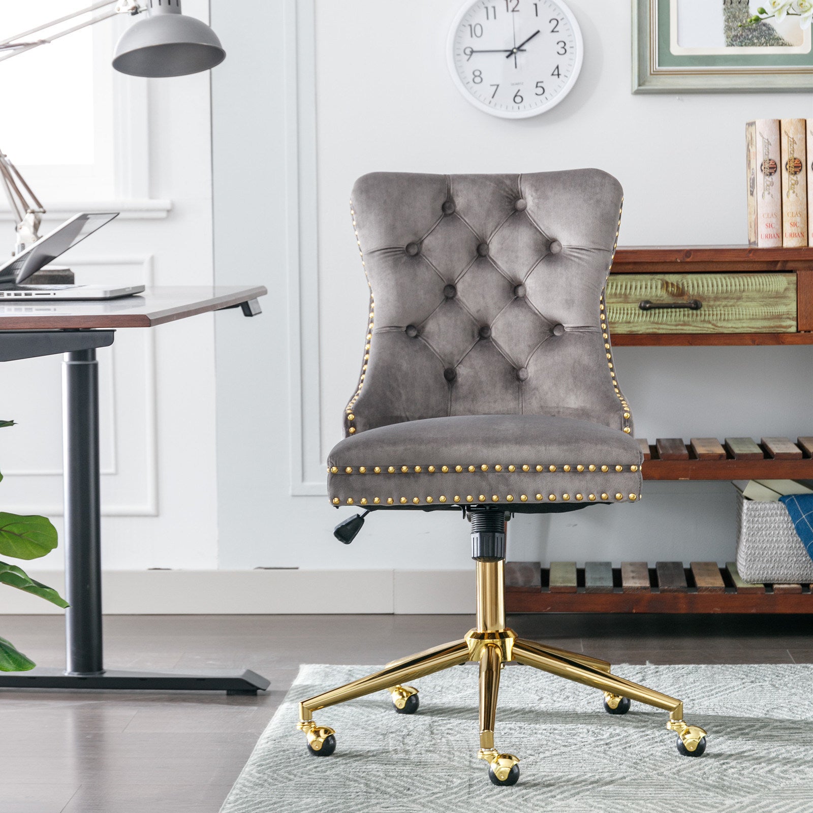 Furniture Office Chair,Velvet Upholstered Tufted Button Home Office Chair with Golden Metal Base,Adjustable Desk Chair Swivel Office Chair (Gray)