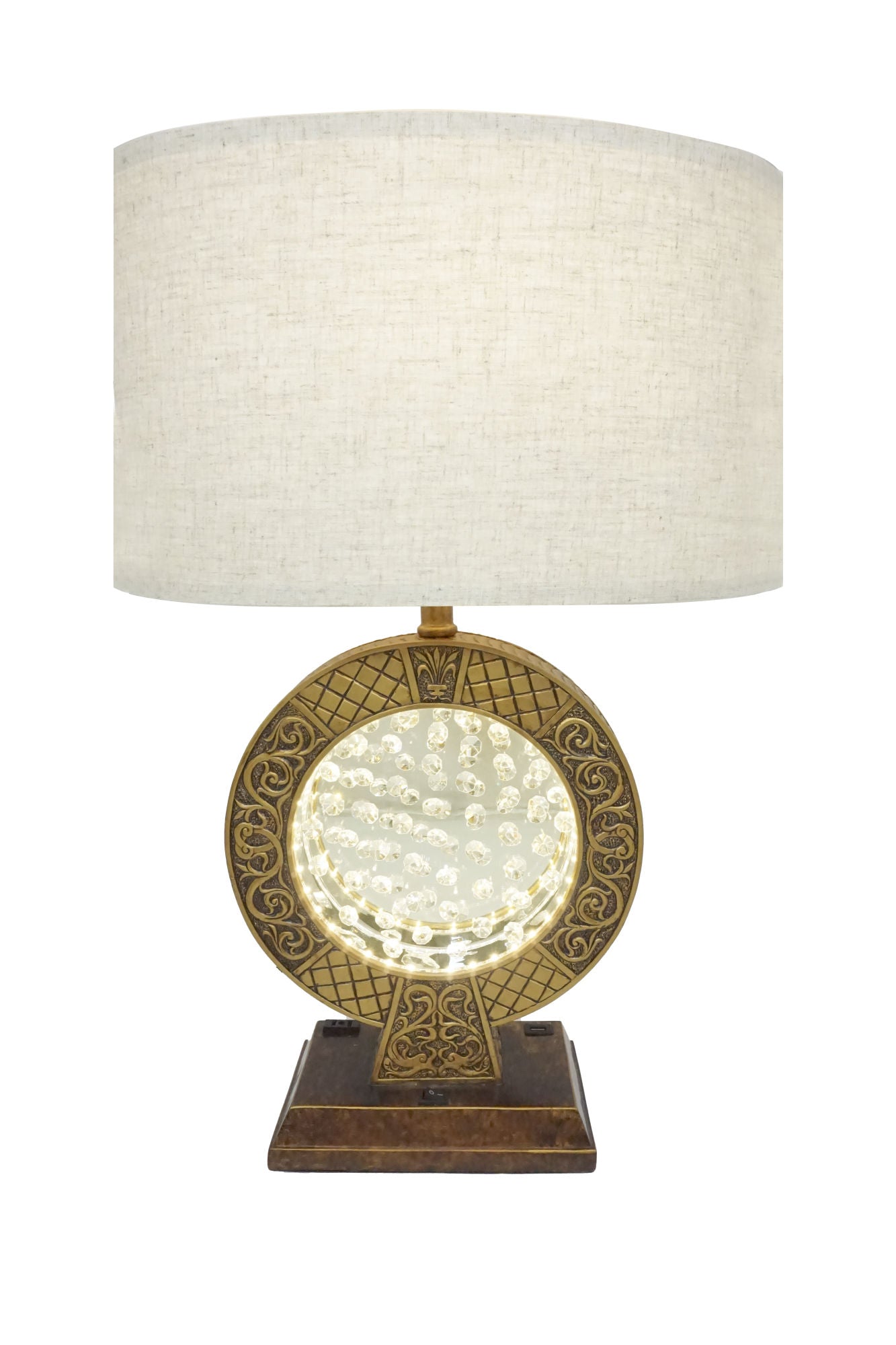 28" Antique polyresin Table Lamp, USB Port on Base with floating crystal decor on center