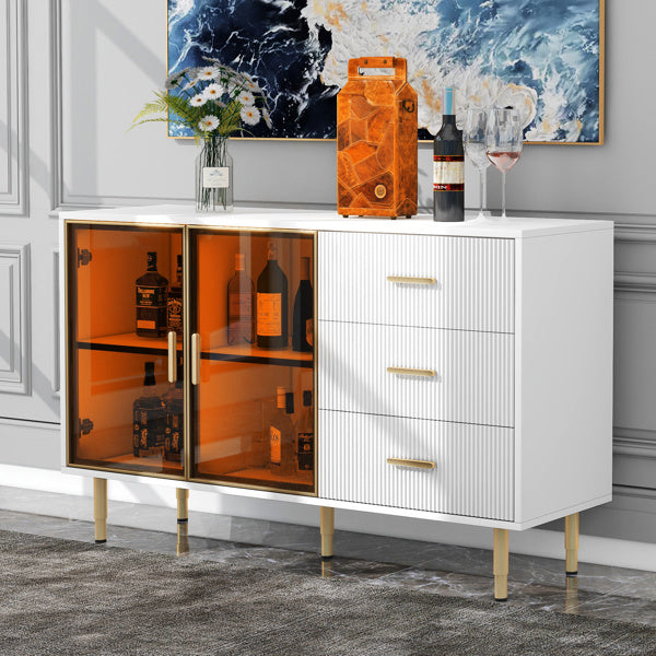 Modern Sideboard MDF Buffet Cabinet Marble Sticker Tabletop and Amber-yellow Tempered Glass Doors with Gold Metal Legs & Handles (White)