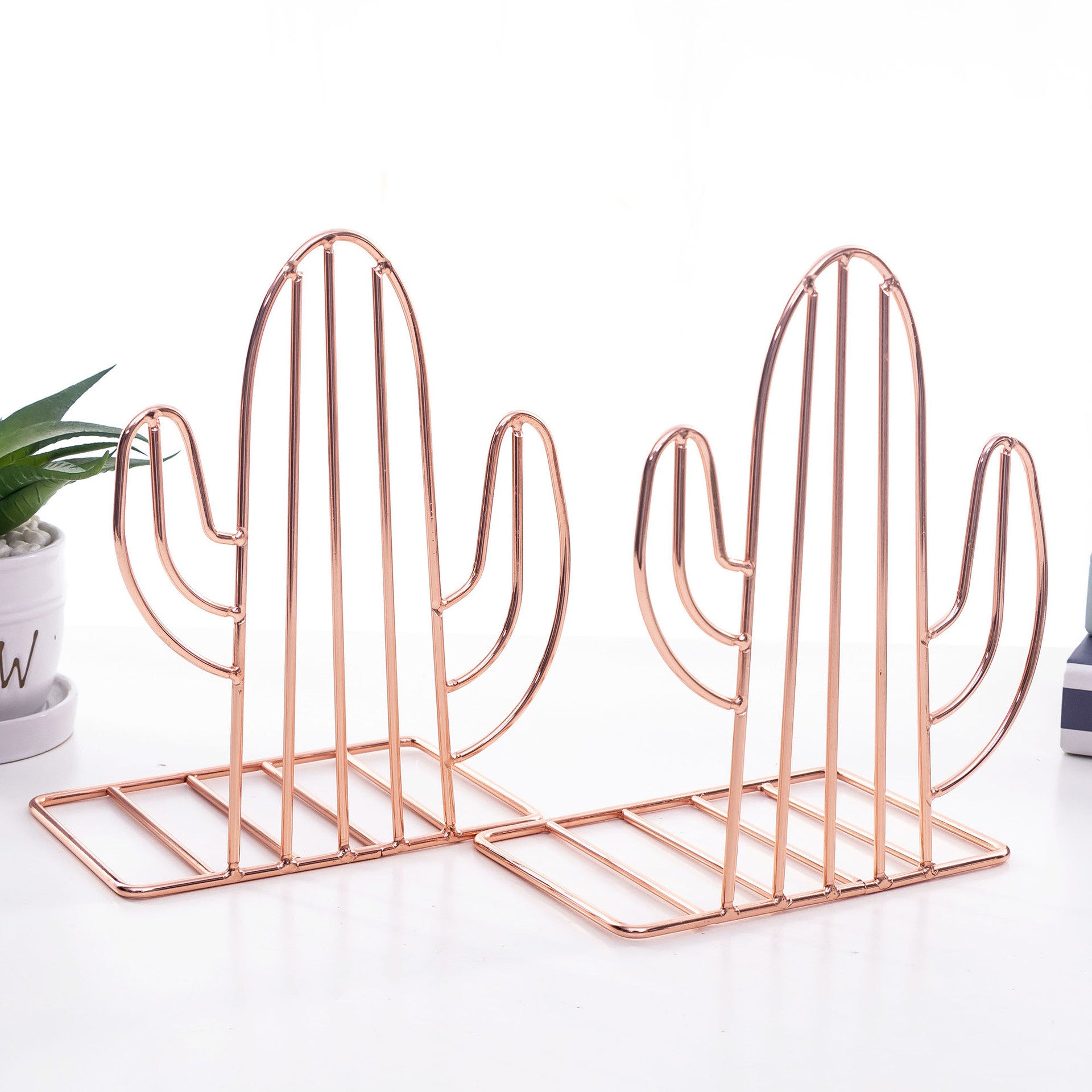 Geometric Metal Iron Cactus Bookends - Heavy Duty Nonskid Book Stand Organizer for Shelves & Binders