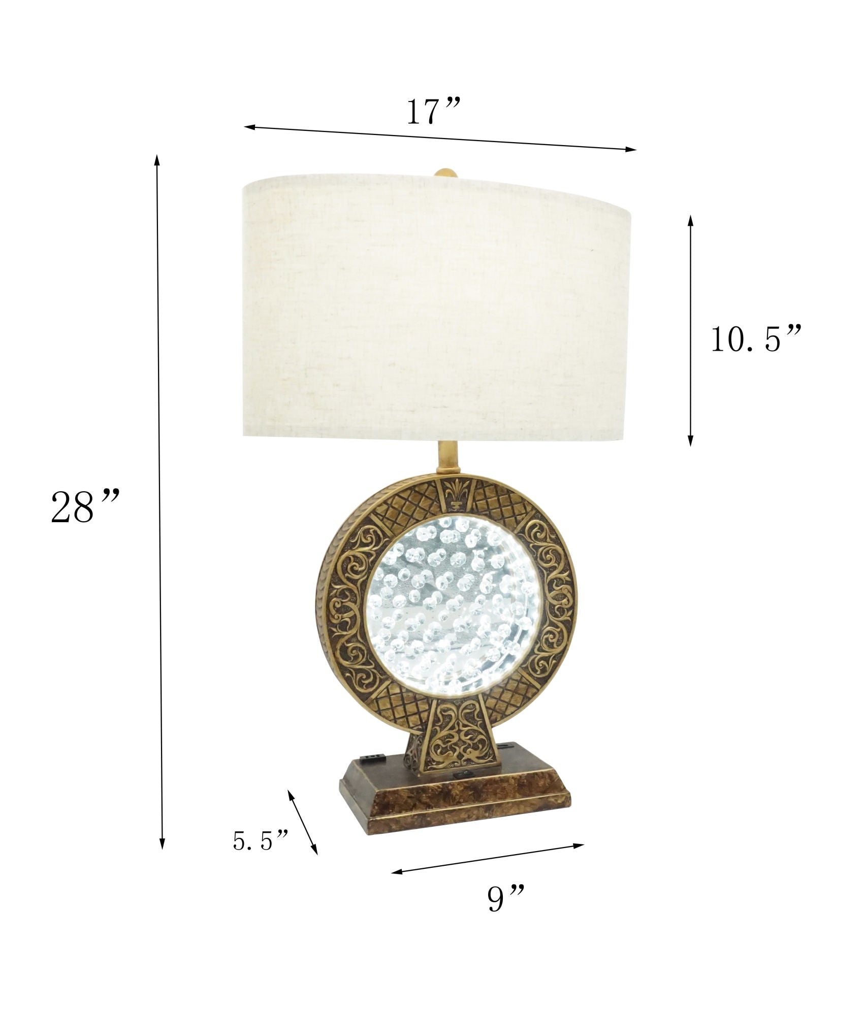 28" Antique polyresin Table Lamp, USB Port on Base with floating crystal decor on center