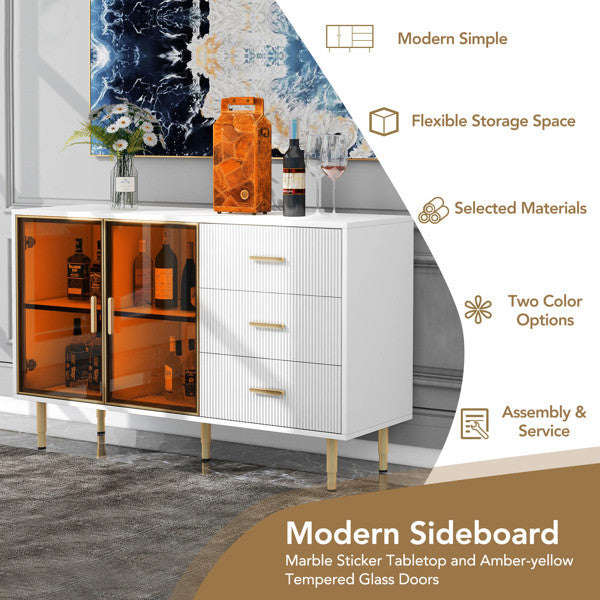 Modern Sideboard MDF Buffet Cabinet Marble Sticker Tabletop and Amber-yellow Tempered Glass Doors with Gold Metal Legs & Handles (White)