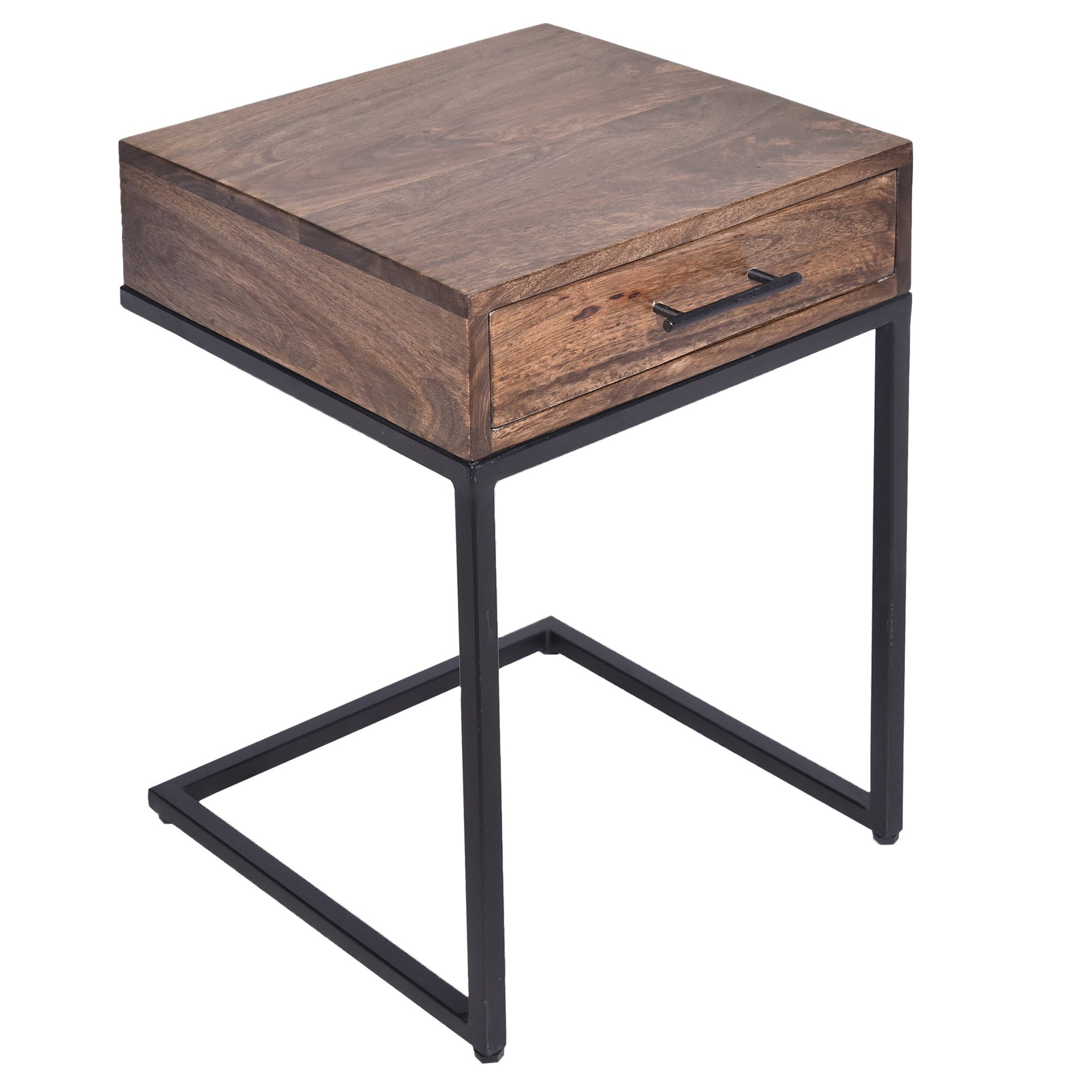 Mango Wood Side Table with Drawer and Cantilever Iron Base, Brown and Black