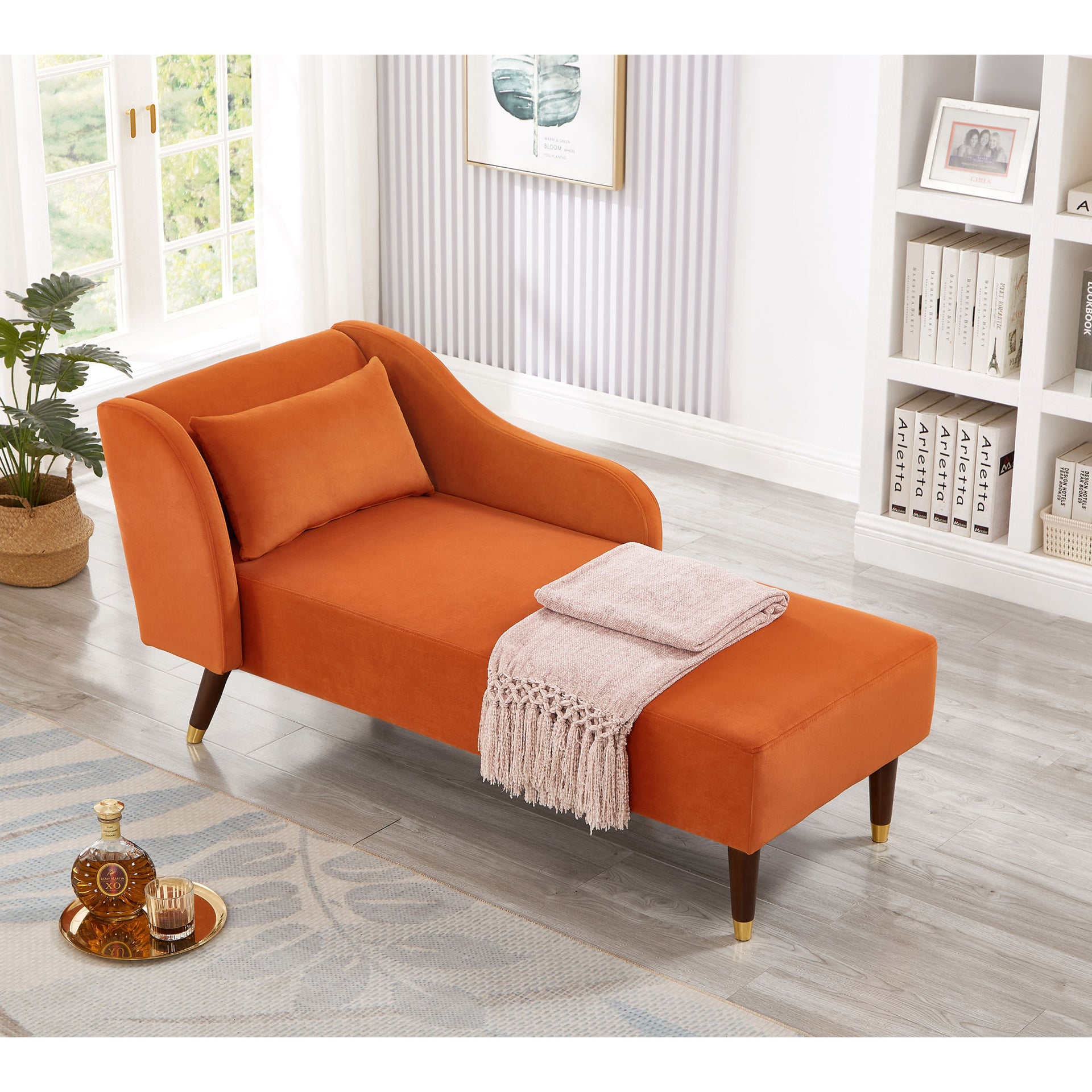 Modern Chaise Lounge Chair Velvet Upholstery (Orange)
