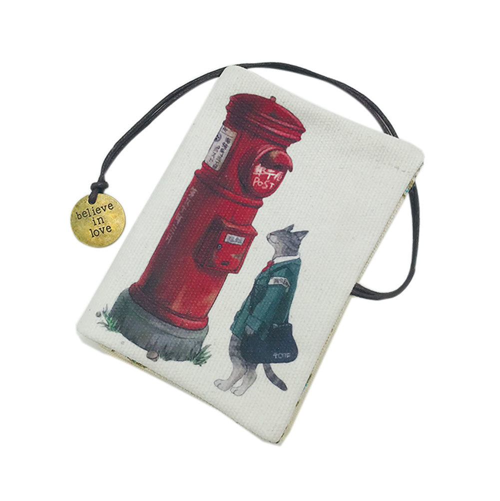 Cartoon Painted Cat Postman Business Card Holder Rope Closure Credit Card Name Card Organizer