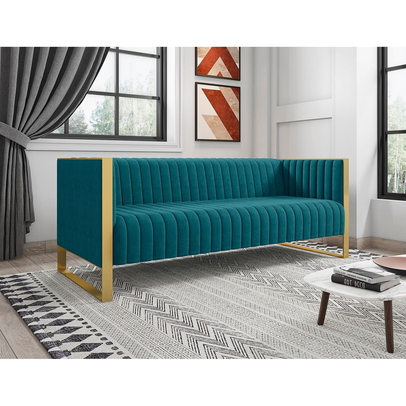 Manhattan Comfort Trillium 83.07 in. Aqua Blue and Gold 3-Seat Sofa
