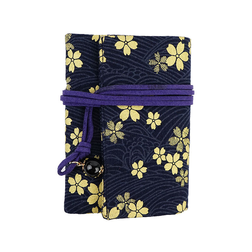 Japanese Style Navy Blue and Gold Falled Sakura Credit Card Holder Rope Closure Fold Card Pocket Pack for Ladies